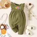 100% Cotton Crepe Floral Embroidered Sleeveless Ruffle Baby Girl Jumpsuit Dark Green