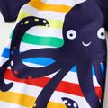 Baby Boy Cartoon Octopus Print Colorful Striped Short-sleeve One-Piece Swimsuit Tibetanblue