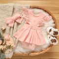 2pcs Baby Girl 95% Cotton Lace Flutter-sleeve Solid Ribbed Romper with Headband Set Pink image 2