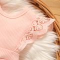 2pcs Baby Girl 95% Cotton Lace Flutter-sleeve Solid Ribbed Romper with Headband Set Pink image 4
