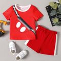 2pcs Baby Boy Crossbody Bag Print Red Short-sleeve T-shirt and Colorblock Shorts Set Red