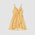 Family Matching Yellow Floral Print Surplice Neck Ruffle Trim Wrap Cami Dresses and Colorblock Short-sleeve T-shirts Sets Yellow image 4