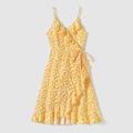 Family Matching Yellow Floral Print Surplice Neck Ruffle Trim Wrap Cami Dresses and Colorblock Short-sleeve T-shirts Sets Yellow image 2