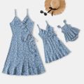 Allover Floral Print Surplice Neck Ruffle Trim Wrap Cami Dress for Mom and Me Blue