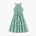 Green Polka Dots Tie Back Halter Neck Belted Sleeveless Dress for Mom and Me honeydew