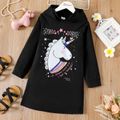 Kid Girl Unicorn Star Print Hooded Long-sleeve Dress Black