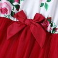 Kid Girl Floral Print Bowknot Design Mesh Splice Long-sleeve Dress Red