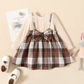 Toddler Girl Faux-two Plaid Splice Bowknot Design Long-sleeve Dress Brown
