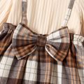 Toddler Girl Faux-two Plaid Splice Bowknot Design Long-sleeve Dress Brown
