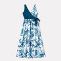 Family Matching Solid Spliced Plant Print Surplice Neck Tank Dresses and Short-sleeve T-shirts Sets Peacockblue