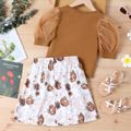 2pcs Kid Girl Mesh Puff-sleeve Brown Tee and Floral Print Button Design Elasticized Skirt Set YellowBrown