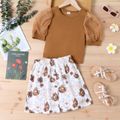 2pcs Kid Girl Mesh Puff-sleeve Brown Tee and Floral Print Button Design Elasticized Skirt Set YellowBrown
