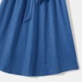 Solid Round Neck Button Down Short-sleeve Belted Dress for Mom and Me Dark Blue