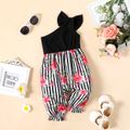 Baby Girl Solid and Stripe & Floral Print Spliced One Shoulder Sleeveless Jumpsuit Color block