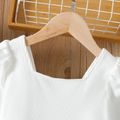 2pcs Kid Girl Square Neck Long-sleeve Ribbed White Tee and Plaid Button Design Irregular Shorts Set Khaki image 3