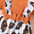 Baby Girl Rib Knit Puff-sleeve Spliced Butterfly Print Ruffle Trim Jumpsuit Orange