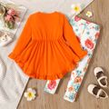 2pcs Toddler Girl Bowknot Design Ruffled High Low Long-sleeve Tee and Floral Print Leggings Set Orange