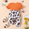 Baby Girl Rib Knit Puff-sleeve Spliced Butterfly Print Ruffle Trim Jumpsuit Orange