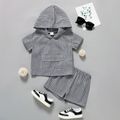 2pcs Toddler Boy Plaid Pocket Design Hooded Short-sleeve Tee and Elasticized Shorts Set BlackandWhite