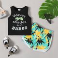 2pcs Baby Girl Letter Print Tank Top and All Over Coconut Tree Print Shorts Set Colorful image 1