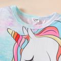 2pcs Kid Girl Unicorn Print Tie Dyed/ Butterfly Print Short-sleeve Tee and Letter Print Black Leggings Set Colorful image 4