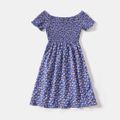 Allover Floral Print Off Shoulder Short-sleeve Shirred Dress for Mom and Me Blue image 3