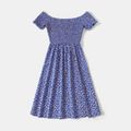 Allover Floral Print Off Shoulder Short-sleeve Shirred Dress for Mom and Me Blue image 2
