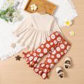 2pcs Baby Girl Rib Knit Ruffle Trim Long-sleeve Top and Allover Daisy Floral Print Flared Pants Set Brown