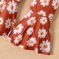 2pcs Baby Girl Rib Knit Ruffle Trim Long-sleeve Top and Allover Daisy Floral Print Flared Pants Set Brown