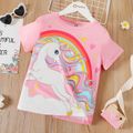 Kid Girl Unicorn Rainbow Print Short-sleeve Pink Tee Pink