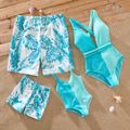 Family Matching Colorblock Textured Self-tie One-Piece Swimsuit and Allover Palm Leaf Print Swim Trunks Shorts BlueGreen