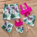 Family Matching Solid & Allover Tropical Plants Print Self Tie Bikini Set Swimwear and Swim Trunks Shorts Purple