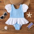 Baby Girl Colorblock Textured Puff-sleeve Ruffle Trim One-Piece Swimsuit BLUEWHITE image 1