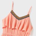 Family Matching 100% Cotton Coral Textured Ruffle Trim Spliced Boho Webbing Cami Dresses and Short-sleeve Striped T-shirts Sets Coral