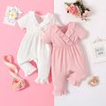 Baby Girl Solid Textured Ruffle Trim Short-sleeve Jumpsuit DirtyPink image 2