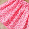 2pcs Toddler Girl Leopard Print Lapel Collar Tie Knot Short-sleeve Blouse and Skirt Set Pink