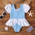 Baby Girl Colorblock Textured Puff-sleeve Ruffle Trim One-Piece Swimsuit BLUEWHITE image 2