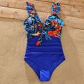 Family Matching Allover Floral Print Spliced Solid One-Piece Swimsuit and Swim Trunks Shorts cyan
