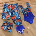 Family Matching Allover Floral Print Spliced Solid One-Piece Swimsuit and Swim Trunks Shorts cyan