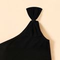 2pcs Toddler Bowknot Design One Shoulder Black Tee and Floral Print Stripe Skirt Set Black image 3