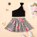 2pcs Toddler Bowknot Design One Shoulder Black Tee and Floral Print Stripe Skirt Set Black image 2
