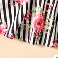 2pcs Toddler Bowknot Design One Shoulder Black Tee and Floral Print Stripe Skirt Set Black image 5
