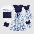 Family Matching Allover Palm Leaf Print & Solid Spliced Surplice Neck Flutter-sleeve Dresses and Colorblock Short-sleeve T-shirts Sets sapphirebluewhite
