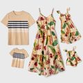 Family Matching Allover Floral Print Asymmetrical Hem Cami Dresses and Short-sleeve Striped Spliced T-shirts Sets LightApricot