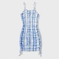 Family Matching Tie Dye Plaid Drawstring Ruched Bodycon Cami Dresses and Short-sleeve T-shirts Sets BLUEWHITE