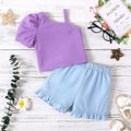 2pcs Baby Girl 100% Cotton Ruffle Hem Shorts and Ribbed One Shoulder Puff-sleeve Top Set Light Purple image 1
