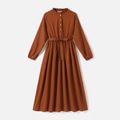 Brown Frilly Ruffle Neck Pearl Long-sleeve Button Down Belted Midi Dress for Mom and Me Brown
