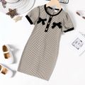 Kid Girl Bowknot Button Design Plaid Short-sleeve Dress lighttan