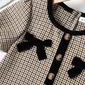 Kid Girl Bowknot Button Design Plaid Short-sleeve Dress lighttan