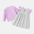 Looney Tunes 2pcs Baby Girl  Cotton Long-sleeve Frill Trim Button Front Cardigan and Allover Print Flutter-sleeve Dress Set purplewhite